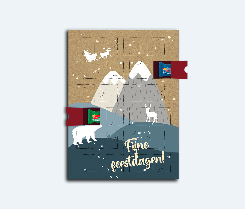 Adventskalender met illustratie van bergen en kerstman