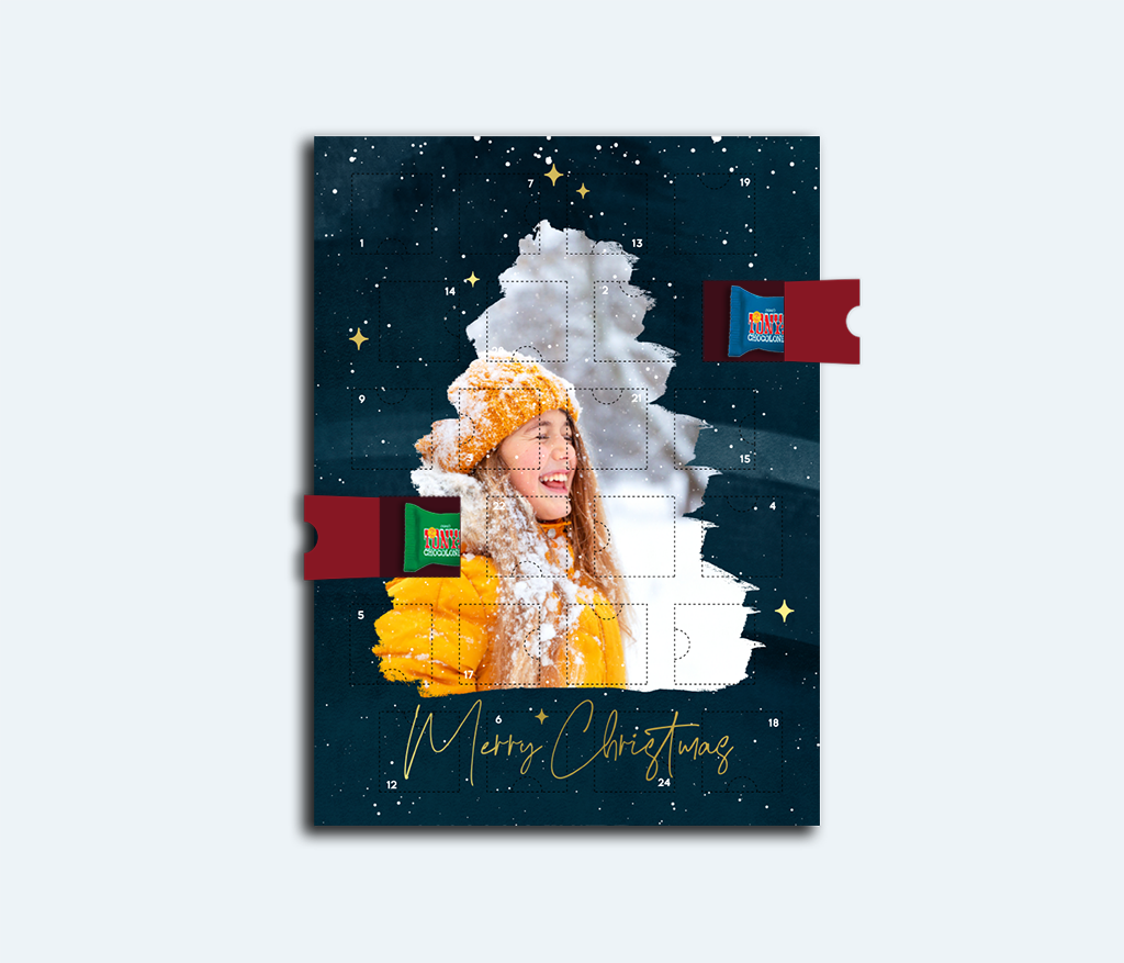Adventskalender met foto in kerstboom-vorm en goudfolie