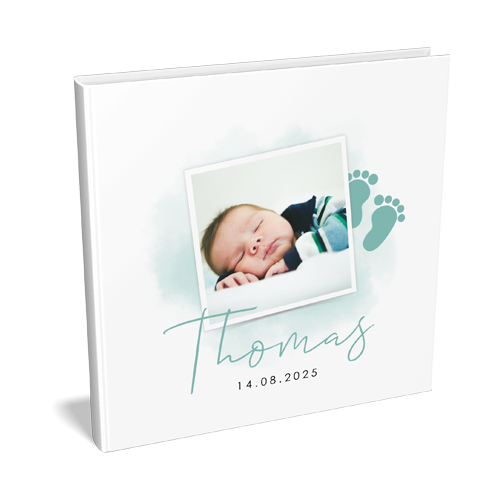 Babyborrelboek met foto en voetjes in blauw