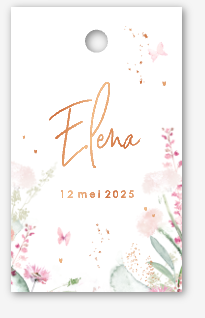 Label met bloemen in watercolour en koperfolie letters - 18 stuks