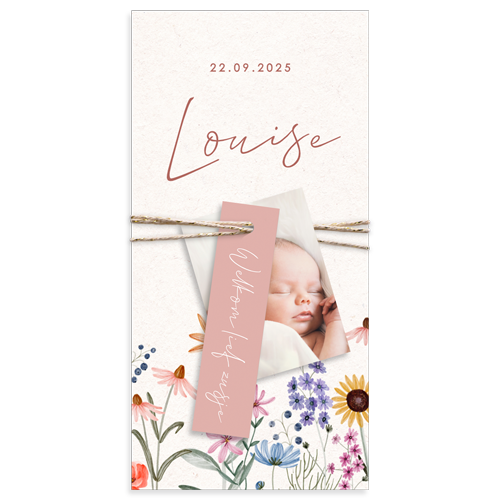 Label geboortekaartje met veldbloemen, foto en roségoudfolie