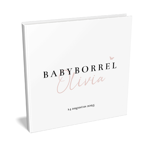 Babyborrelboek met leuke lettertypes en roze vlinder